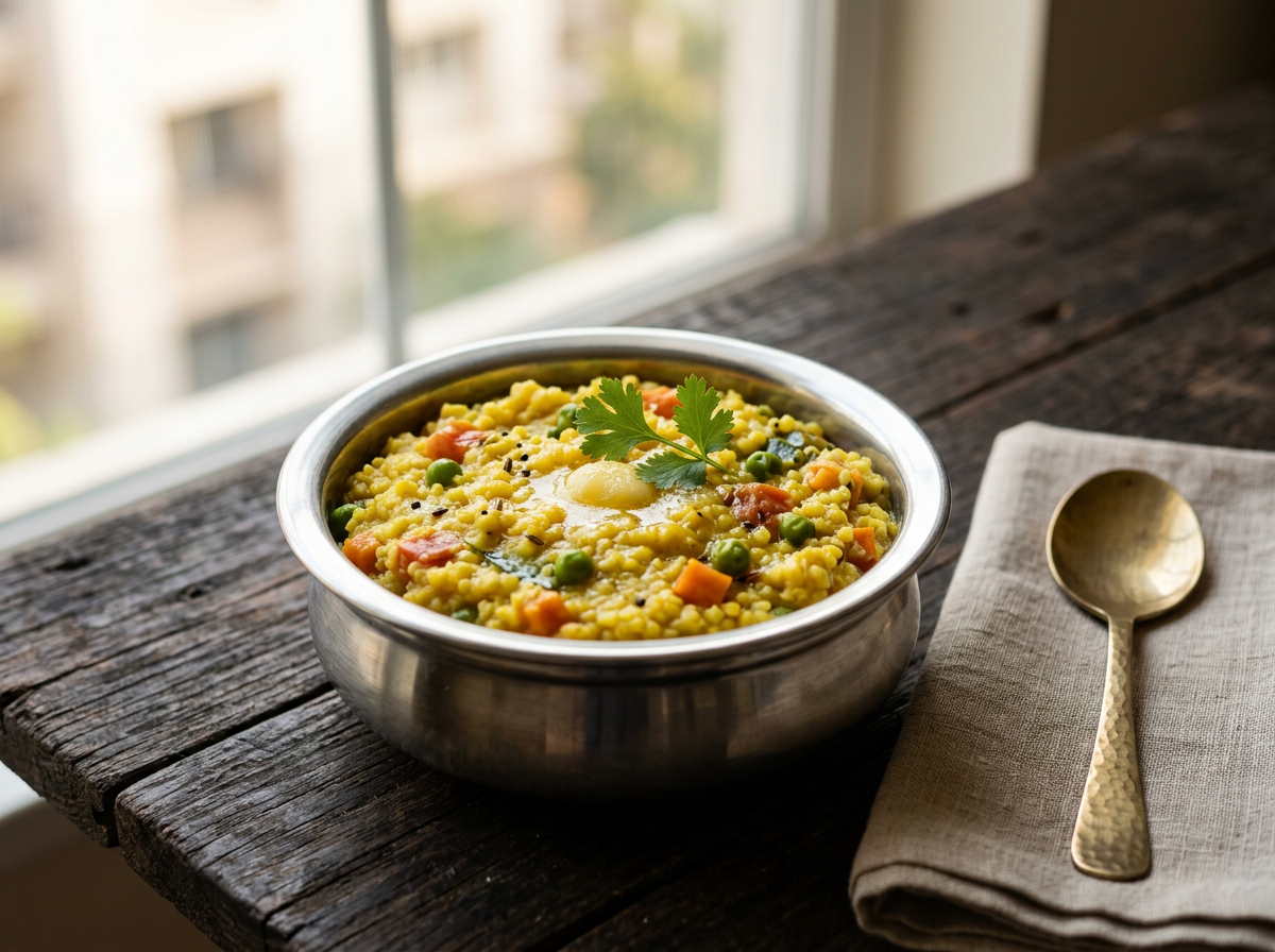 Millet khichdi (Michdi) in a steel bowl